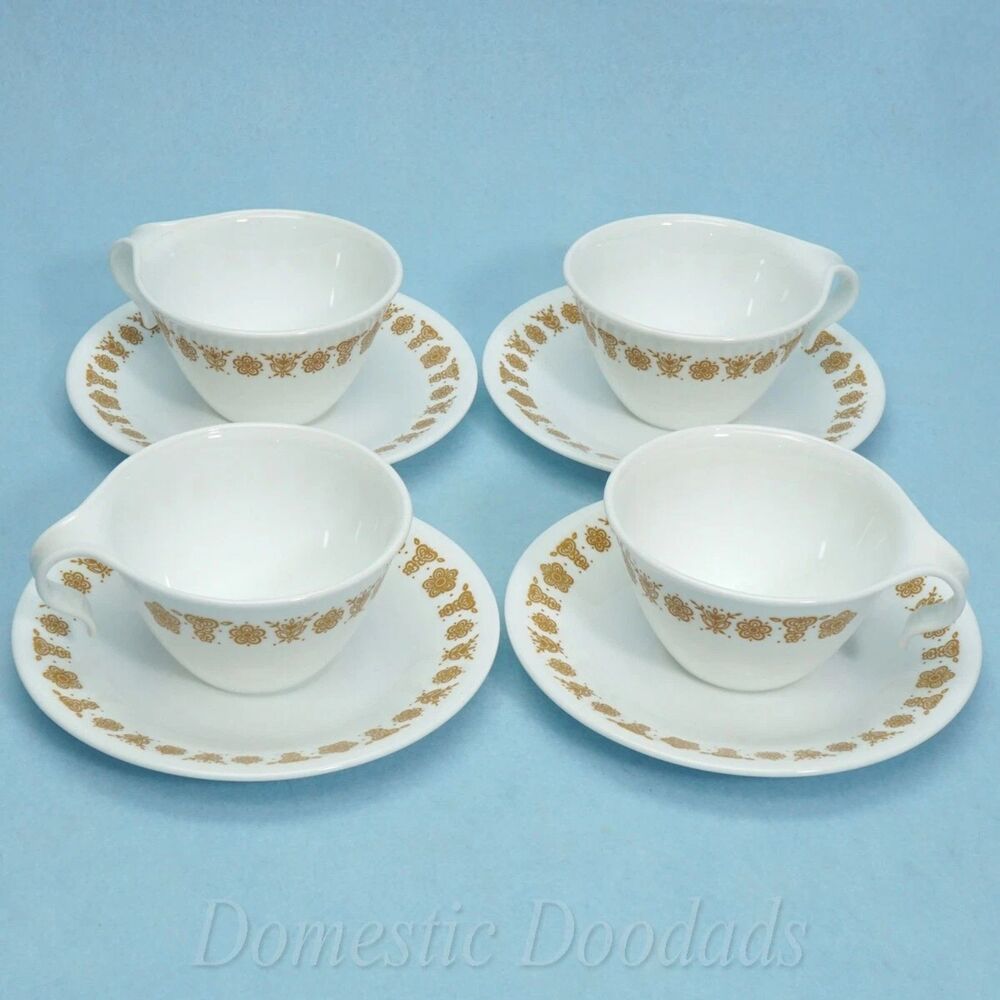 Corelle by Corning Butterfly Gold Coffee Tea Cups and Saucers Set of 4
